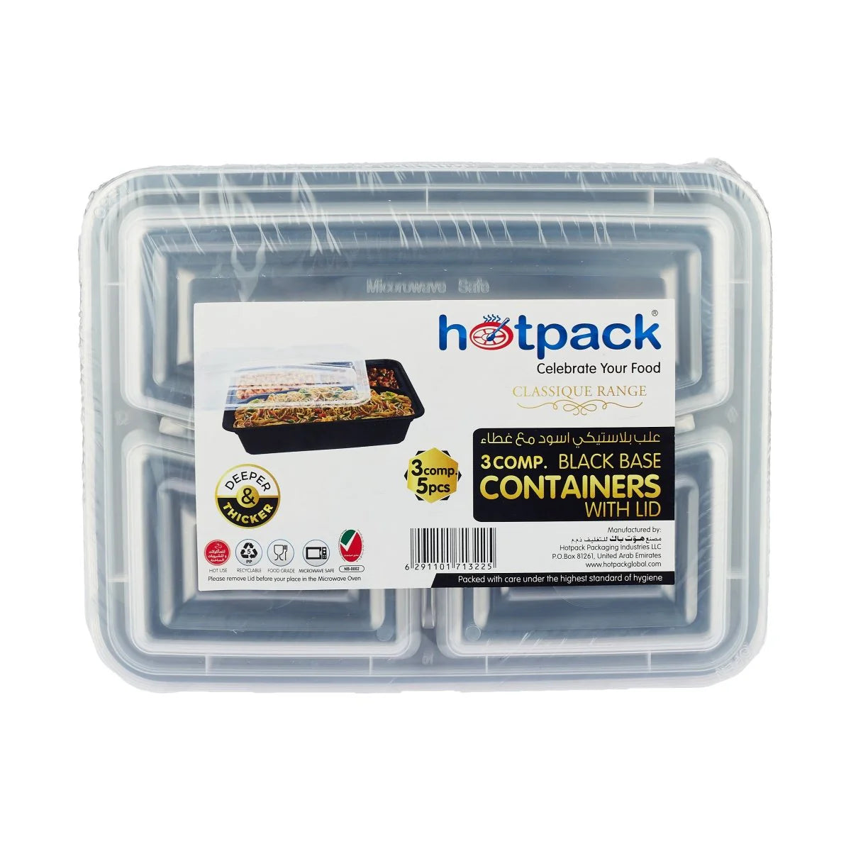 Black Base Rectangular Microwavable 3 Compartment Container with Lid