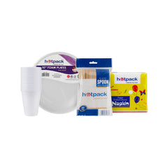 Combo Pack Set -Foam Plate 25 Pieces + Napkin + Spoon 50 Pieces + Plastic Cup 25 Pieces