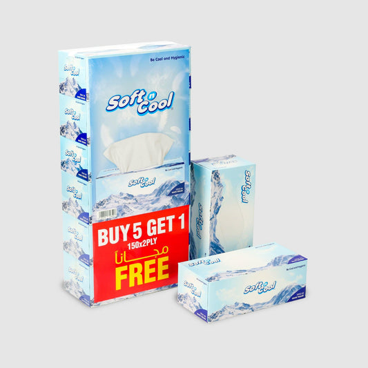 Soft N Cool Facial Tissue 200 Pulls X 2 Ply 5 Boxes + 150 Pull X 2 Ply 1 Box